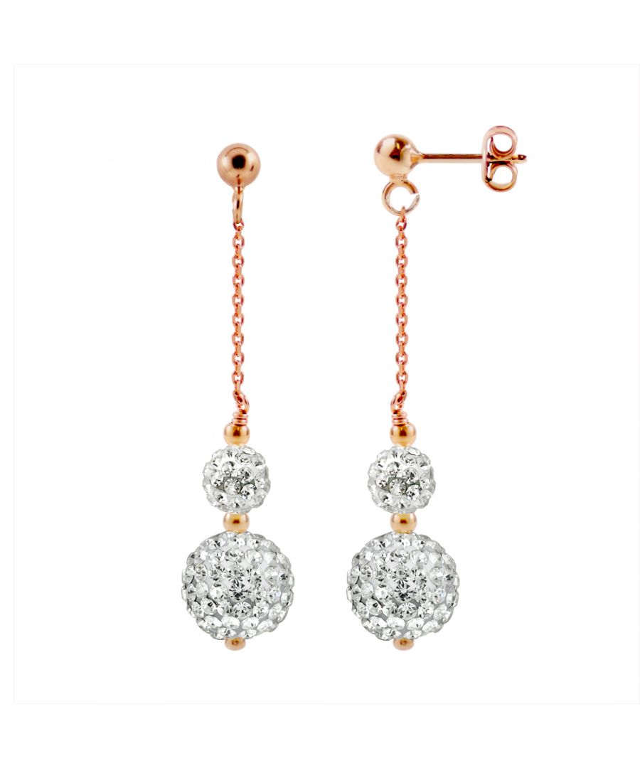 Earrings Pink Gold Pendant Chains - 2 x 2 Balls set with Genuine Crystal White - 6 and 10 mm - strollers system 925 Sterling Silver -Couleur Rose Gold - Our jewellery is made in France and will be delivered in a gift box accompanied by a Certificate of Authenticity and International Warranty