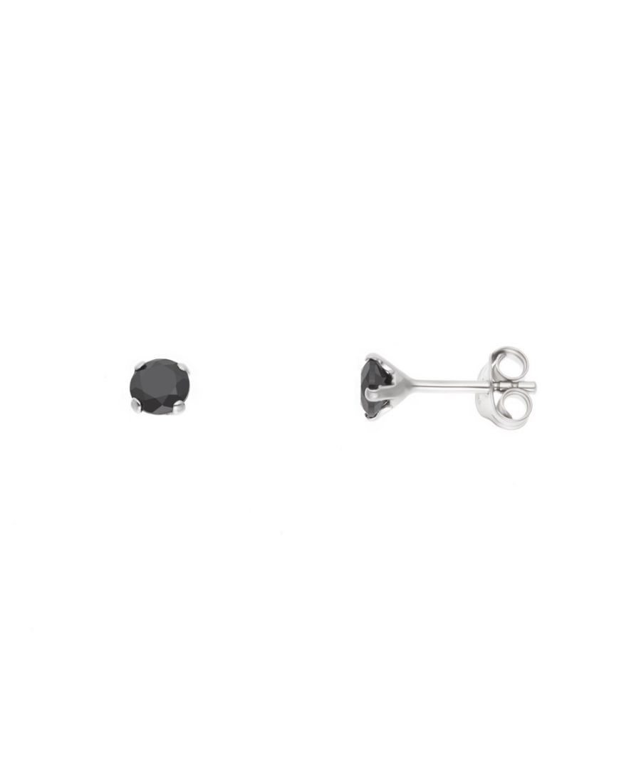 Earrings Silver 925 Sterling Silver Rhodium Plated & Round Solitaires Black Zyrconium Oxides 4 mm - strollers system - Our jewellery is made in France and will be delivered in a gift box accompanied by a Certificate of Authenticity and International Warranty
