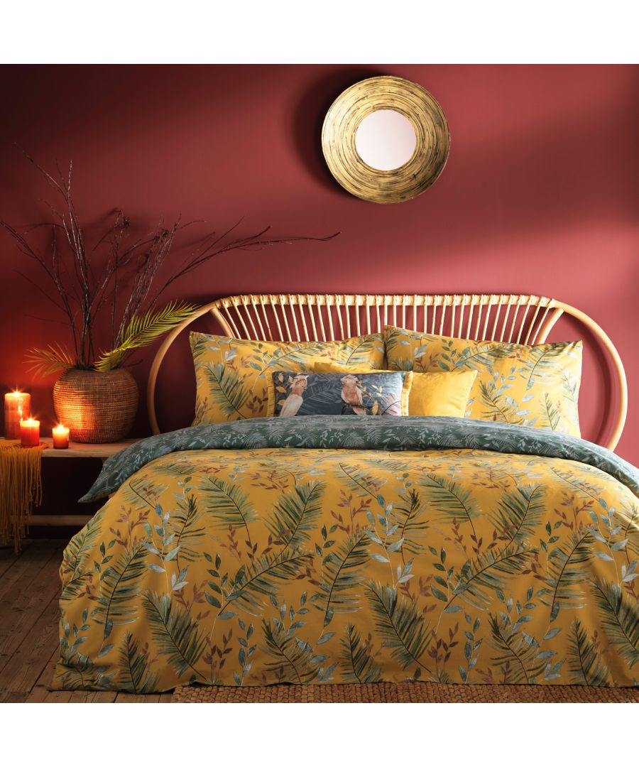The Mazari Duvet Cover and Pillow Case Set is a jungle-inspired hand-printed design. Made from a crisp Polycotton, this vibrant and exotic bedding set is complete with a teal toned reverse, clear button closure and easy care properties.\nMeasurements are as below for each size in this range;\nSingle: 137 x 200cm (includes one matching pillowcase)\nDouble: 200 200cm (includes two matching pillowcases)\nKing: 230 x 220cm (includes two matching pillowcases)\nSuper King: 260 x 220cm (includes two matching pillowcases)