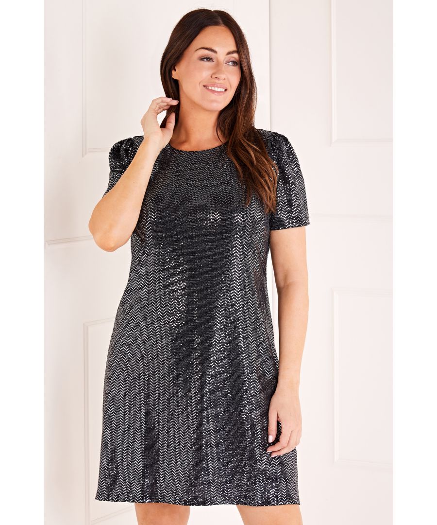 For a striking addition to your partywear, opt for this shimmering tunic dress. Embellished with a sparkly sequin coating, it comes in a relaxed shape that sits above the knee. Finished with puff sleeves, a zip fastening provides security.