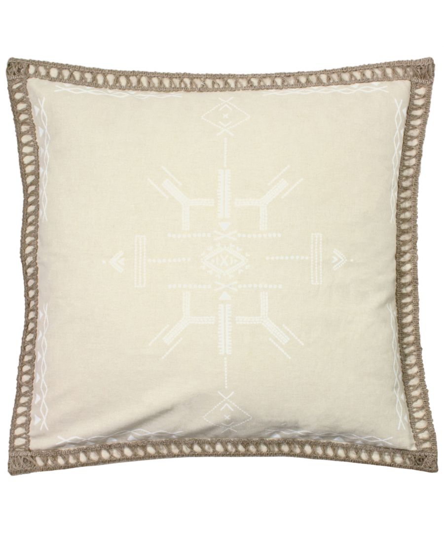 Add global style and texture to your bedroom or living room with a hand drawn Aztec inspired cushion. Perfect for bohemian and minimalist styling at home, this design featuring a Jute braided trim is the perfect touch to add a visually textural statement to your interior.