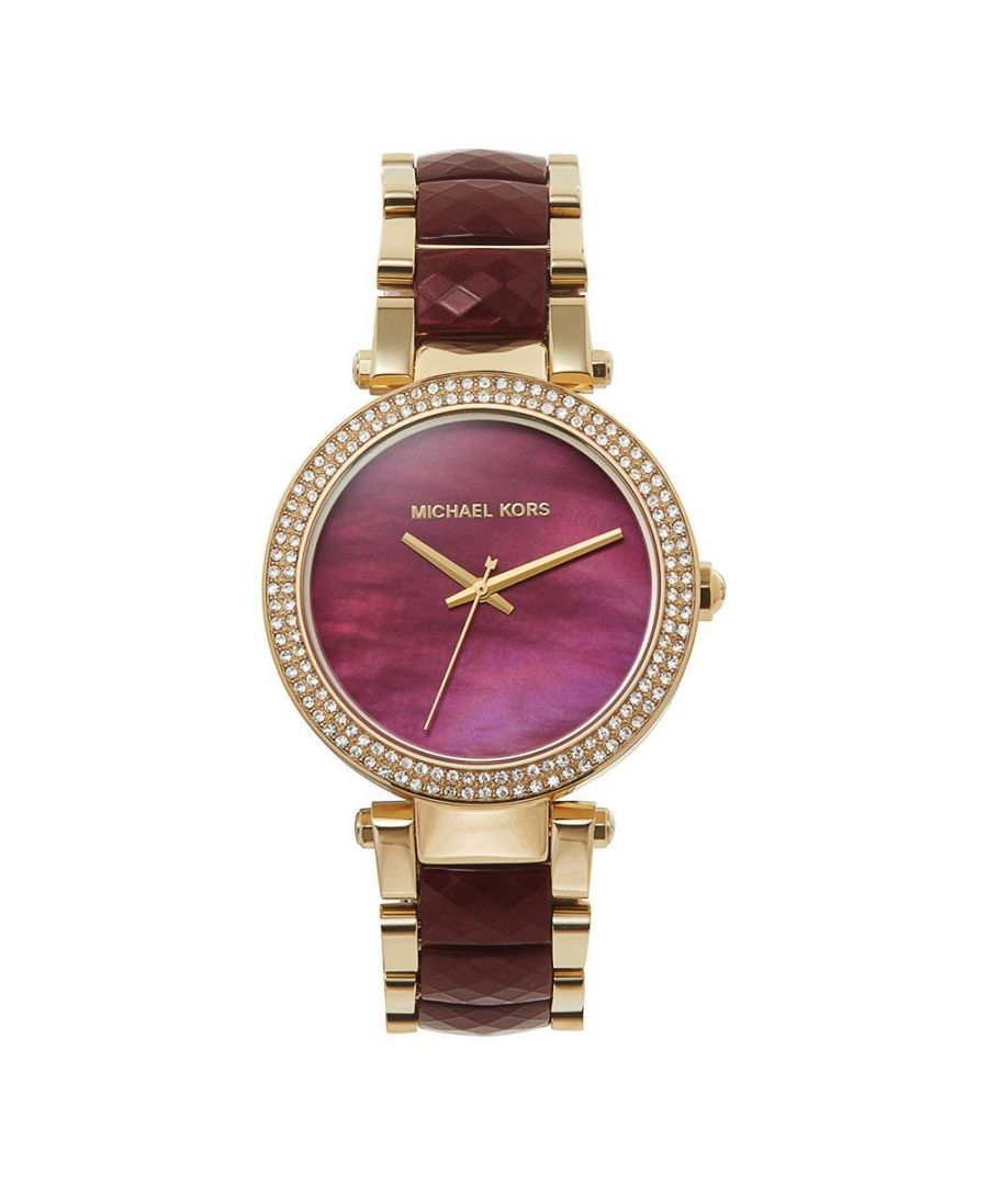A stunning ladies Michael Kors watch in PVD gold plating parker ladies watch, with a sparkling stone set bezel, red dial. Shop at d2time.co.uk. EAN 796483286160