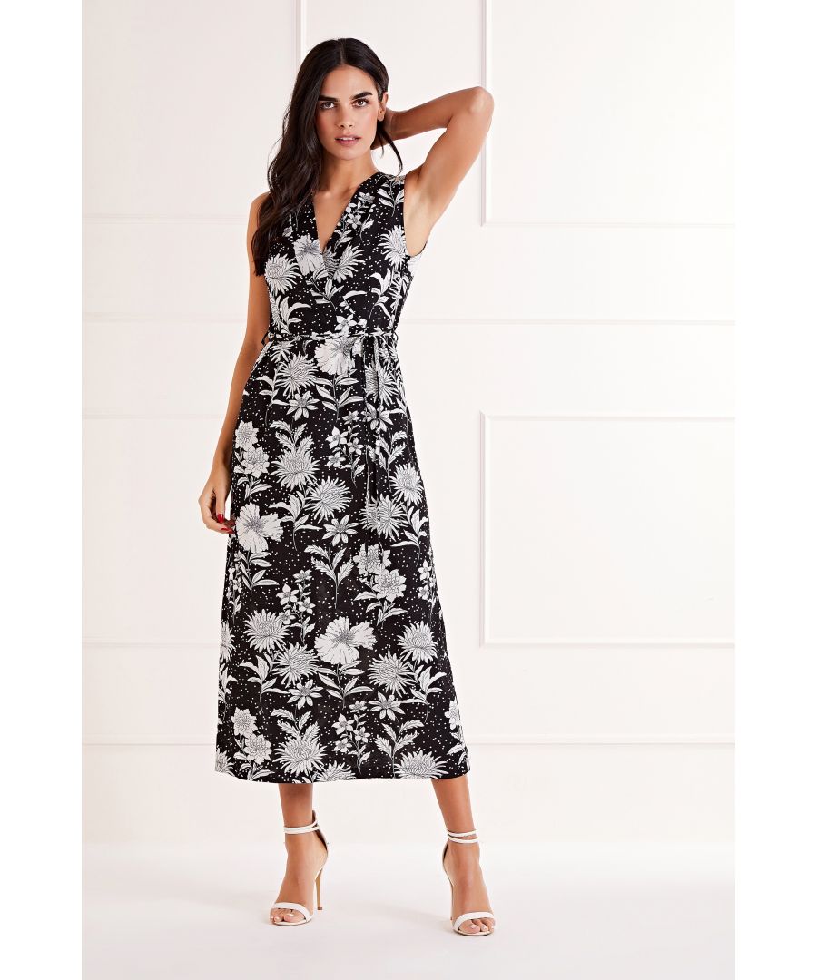 For work, weekends and all other occasions, this Floral And Spot Print Midi Dress will be your new go-to. With an on-trend blend of floral and spot prints, the sleeveless midi shape has been updated with a slinky tie running around the waist. With a crossover bodice that&rsquos super-chic, a zip fastening on the back is the most effective finish.   Shell: 95% Polyester, 5% Elastane Machine Wash At 30