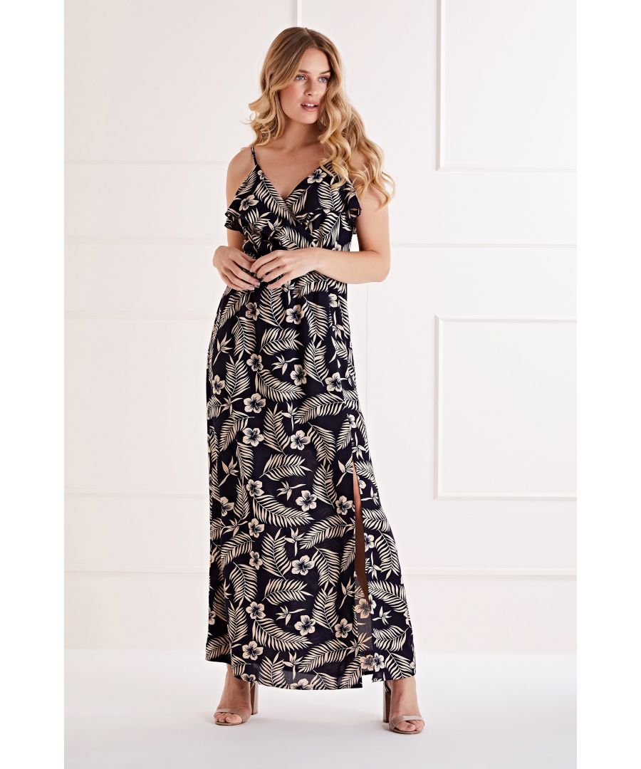 Keep calm and wear palms with our Monochrome Maxi Dress. In dreamy shades of black and white, it&rsquos cut from lightweight fabric that flows to the ankle and splits at the knee. The plush floral and leaf print gives it a cool edge and makes it perfect for wearing in warmer climates. To finish, ruffles decorate the neckline.  100% Polyester, Lining:100% Polyester Machine Wash At 30 Length is 134cm/52inches