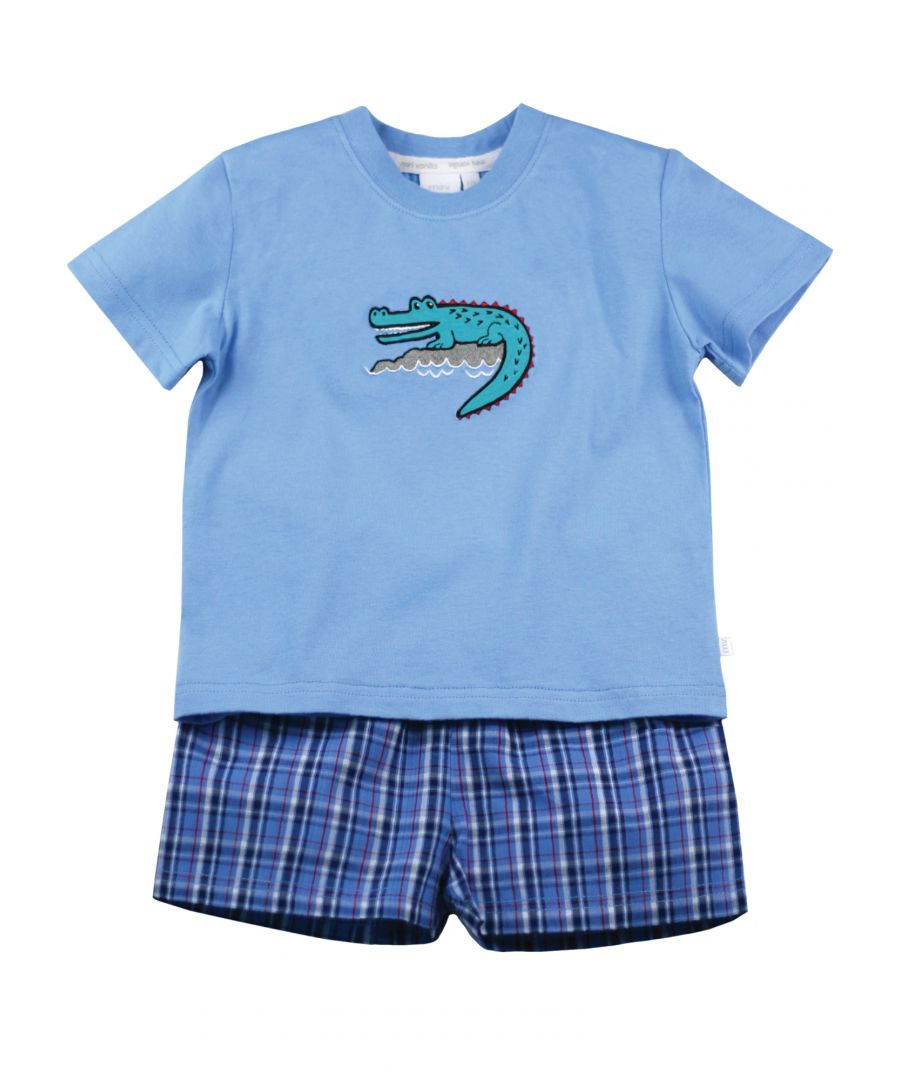 Our crocodile is guaranteed not to snap - it only smiles! Our shortie cotton pyjamas set brings some fun to bedtimes! Made from 100% super soft cotton. The soft jersey mid blue top, with the crocodile embroidery / applique has a matching rib neck, so easy to put on and off. The shorts have a fully soft elasticated waist and are made in a crisp summer cotton check.  We are sure these will be a firm favourite this summer!