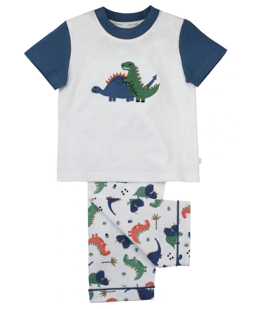 Get them ready for sweet slumbers with this jersey Dino pyjamas set! Made from pure cotton for a soft yet breathable feel, these pyjamas feature short-sleeved top with contrast sleeves and neck rib with a duo Dinosaur embroidery applique and a jersey roarsome dinosaur printed bottoms with elasticated waists for a comfortable fit. 