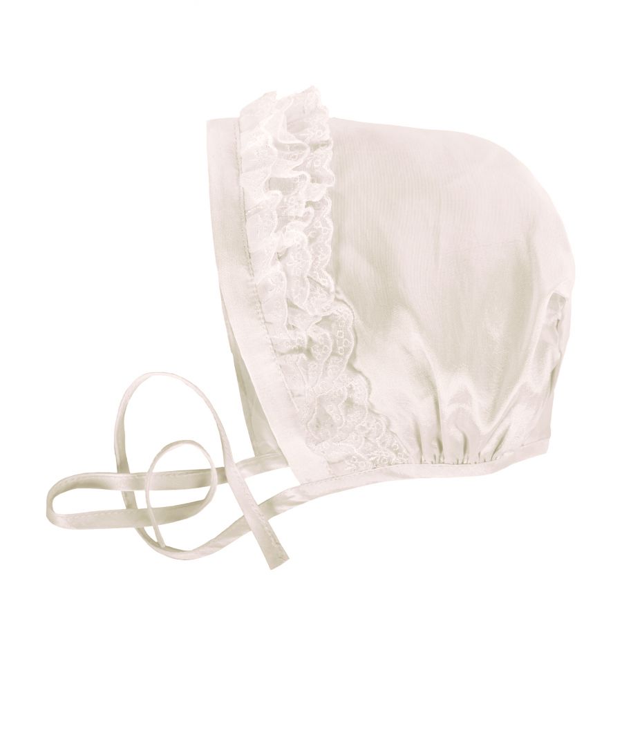 Why not finish off your traditional Christening outfit with a beautiful baby Bonnet.\nOur style  Antique White / Ivory ZEYNAH is made from our mock silk that perfectly matches our ARIANA gown and even has the same matching lace trim.\nThis hat is lined in 100% lightweight cotton so it's comfortable for baby, they won't sweat in it and is also perfect for little ones with sensitive skin.\nIt comes to you in an organza gift bag keeping it clean and protected.\nOuter - 100% polyester Mock Silk\nLining - !00% Cotton\nDry Clean or Hand Wash