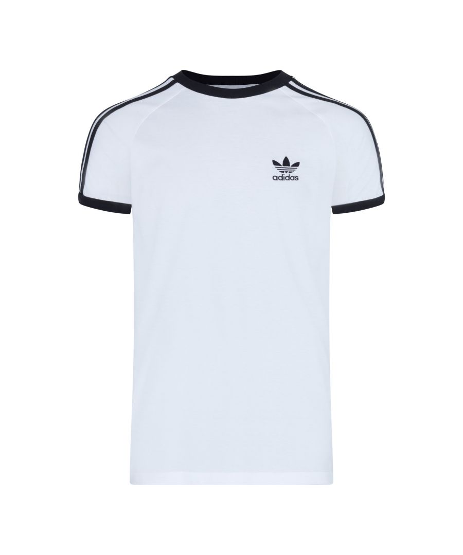 Mens adidas Originals 3-Stripes T-Shirt in white.- Ribbed crew neck.- Short sleeves.- Contrast details.- Slim fit.- Main Material: 100% Cotton.  Machine washable.- Ref: CW1203
