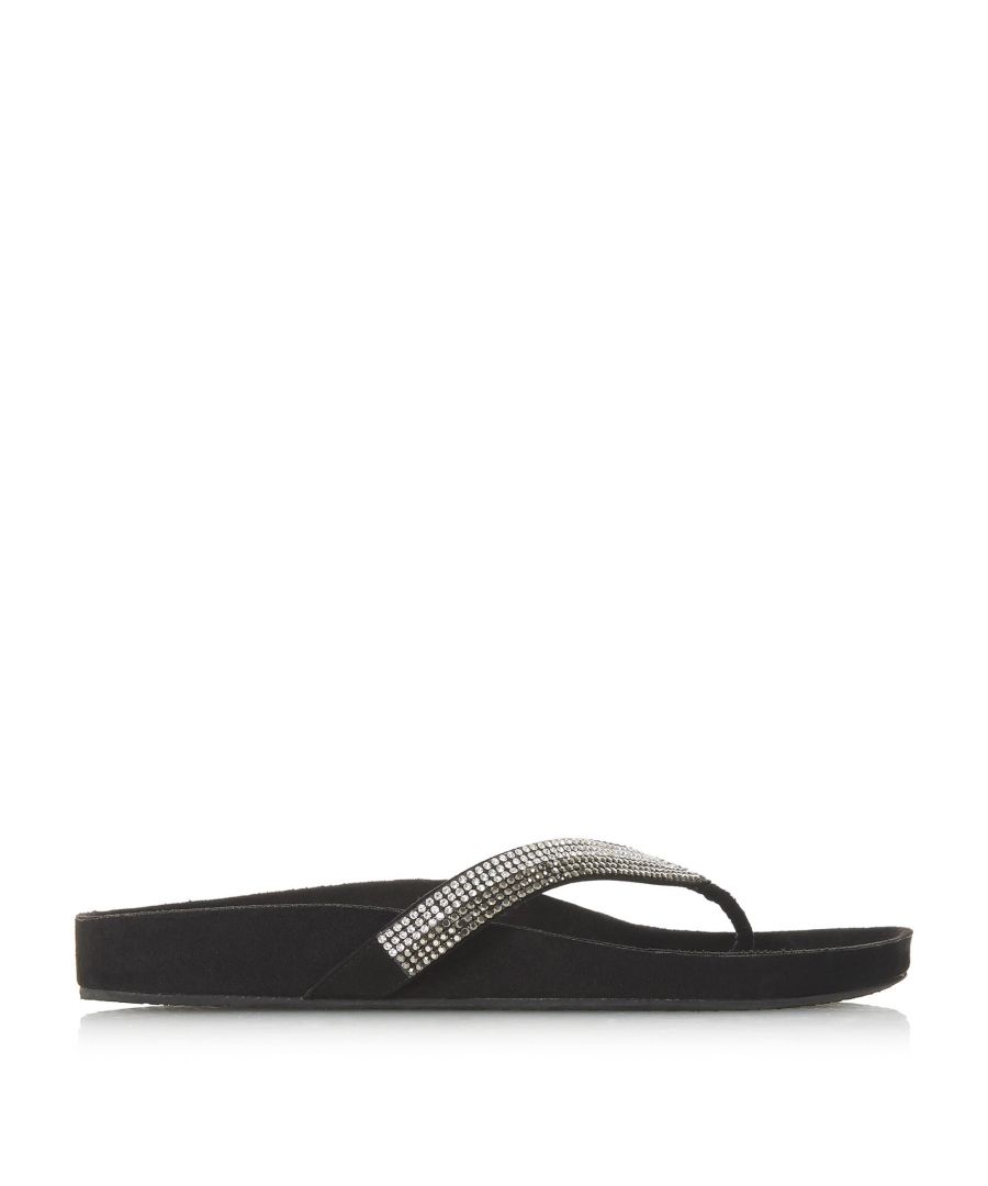 The Noticed Dune flip flop sandal is a holiday essential. Showcasing diamante detail for a touch of sparkle by the pool. A rubber sole ensures grip and durability against slippy terrain.