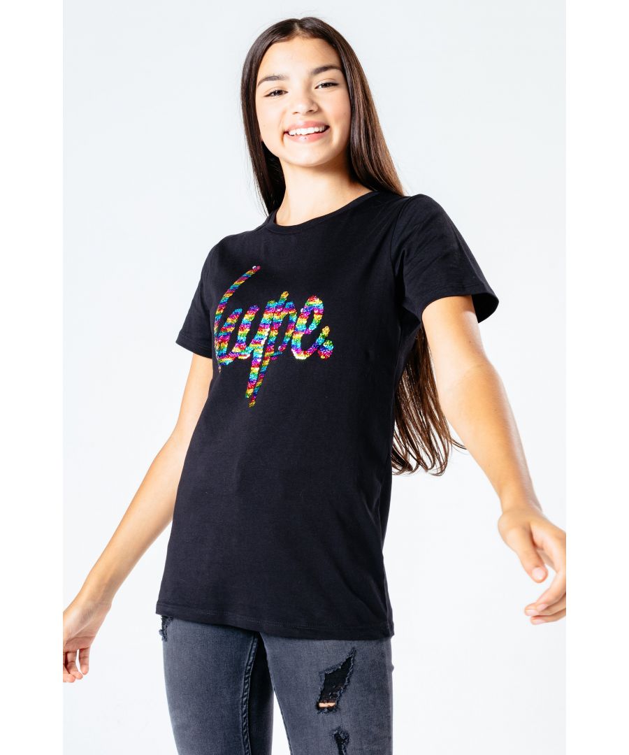 Image for Hype Black Rainbow Sequin Script Kids T-Shirt