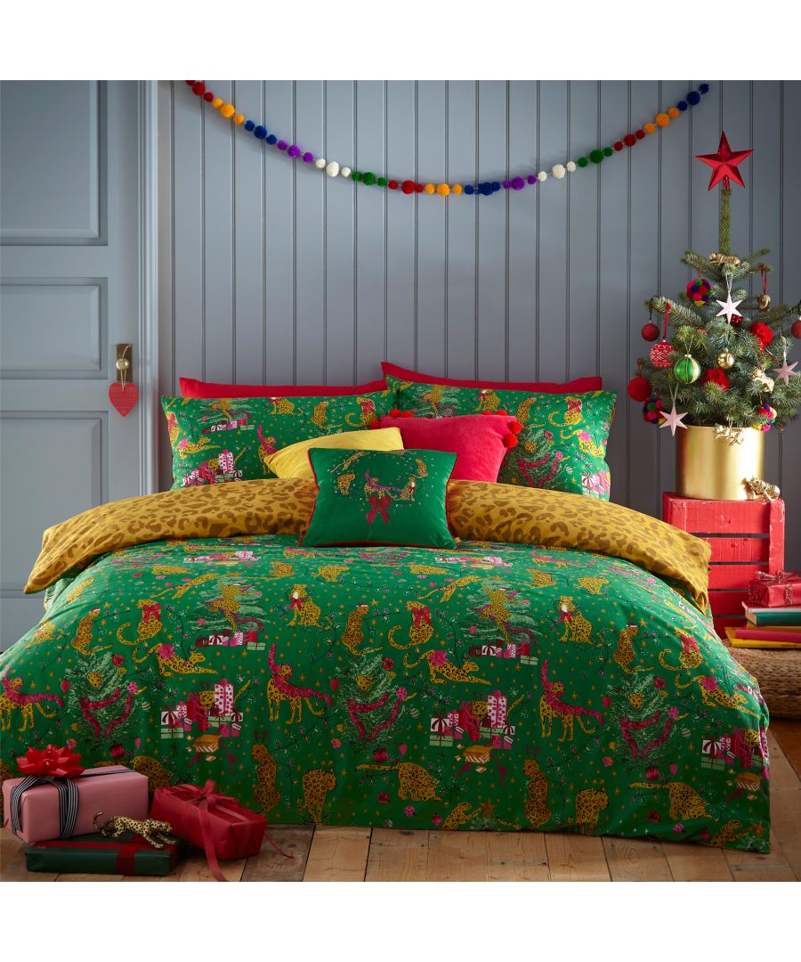 Bring some playful festive cheer to your bedroom this holiday season, with the Purrfect Christmas Duvet Cover Set. Featuring Leopards getting into mischief wrapped in tinsel, and opening presents under the tree. This bold print is complete with a tonal leopard print reverse, giving you two looks in one!