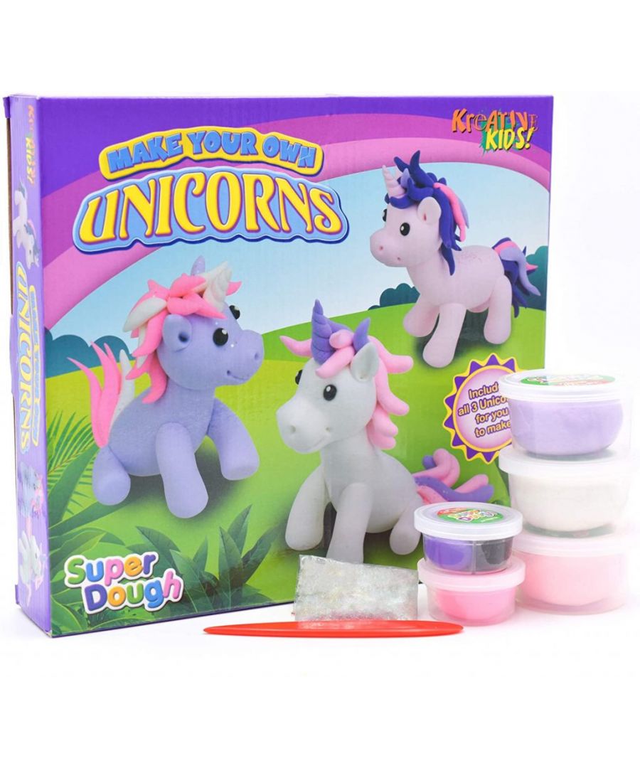 Make Your Own Dough Unicorn Children's Craft Kit.  A wonderful craft box set filled with everything you need to make 3 super dough Unicorns.  This fantastic set is great for all creative kids to spend hours of entertaining time creating amazing unicorns.  There's no need for extra tools, glue or scissors, all you need is inside the box! The Super Dough is easy to squash, roll, mould and shape, with a soft, squishy texture, ideal for getting little hands involved!  There's no need to 'warm up' or soften the modelling clay before use. Super Dough is ready to go, right out of the tub!  The Super Dough included comes in a range of awesome 'unicorn' style colours, including white, pastel and bright pink, pastel and bright purple, and just a little bit of black for the eyes and the colours won't stain little fingers!  Age Recommendation: 3 Years and above.  \n\nKit Contains:\n\n    1 Crafting Tool\n    2g Glitter\n    1 Instruction Manual\n    3 x 28g Tubs Super Dough\n    2 x 8g Tubs Super Dough