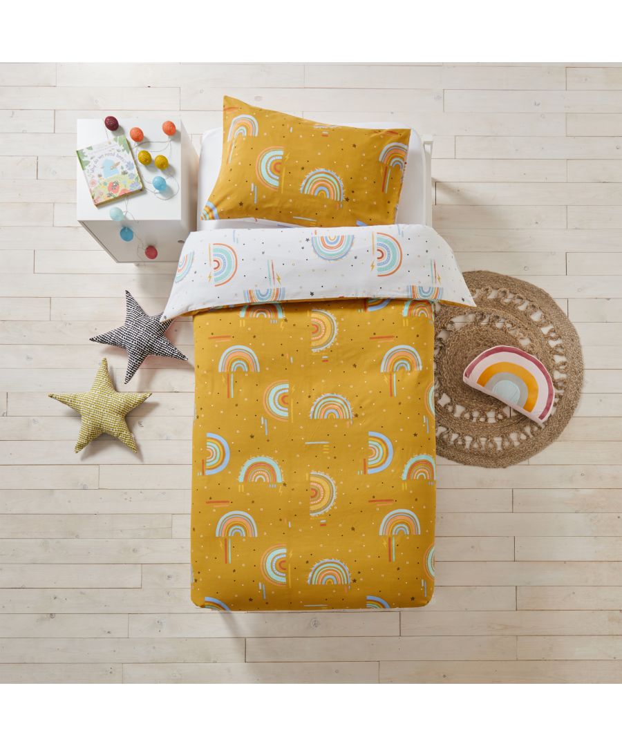 Add instant happiness to your bedroom with the Rainbow Tribe duvet set. Featuring a geometric design of vibrant rainbows, symbolising strength and positivity. This reversible design will be a firm favourite!