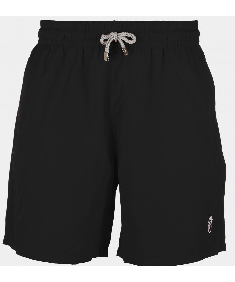Plain black swim shorts\nQuick dry fabric\nElasticated waist with drawstring\nComplete with back pocket and soft lining\nLeg Length 43cm
