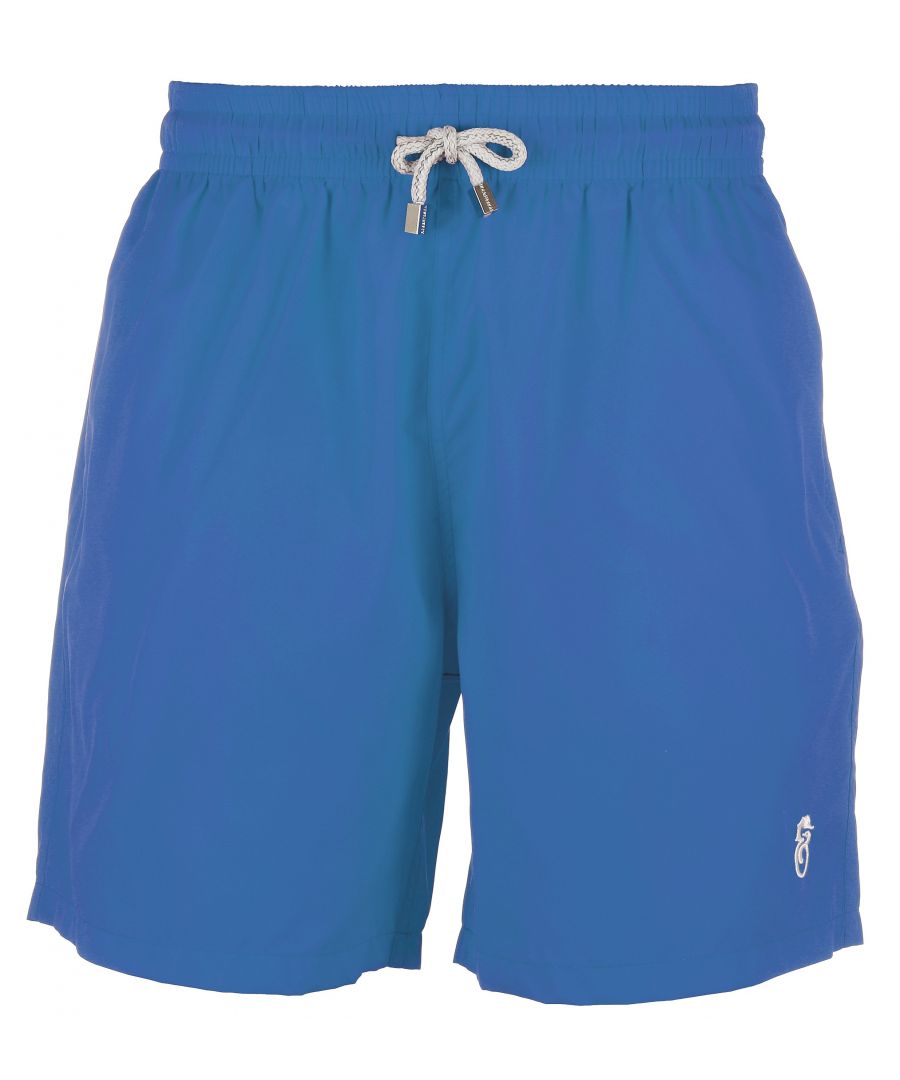 Plain Blue Men's Swim Shorts\nQuick dry fabric and soft lining\nElasticated waistband & drawstring\nTwo side pockets\nVelcro back pocket\nLeg Length 43cm