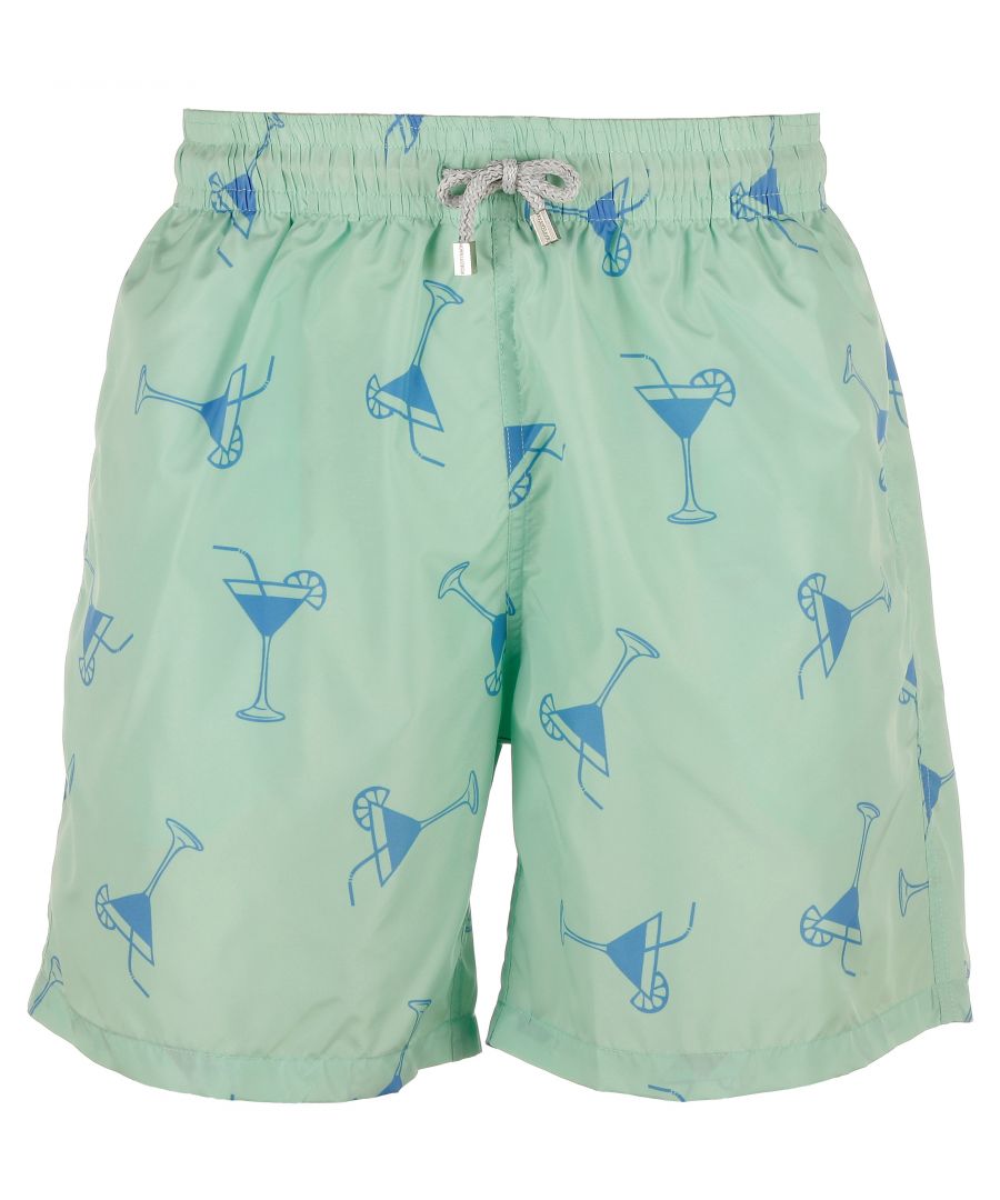 Light Green swim shorts with light blue cocktail pattern\nQuick dry fabric\nElasticated waist with drawstring\nComplete with back pocket and soft lining\nLeg Length 43cm