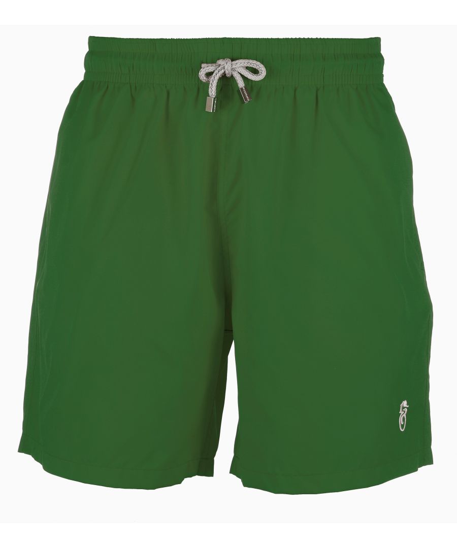 Plain green swim shorts\nQuick dry fabric\nElasticated waist with drawstring\nComplete with back pocket and soft lining\nLeg Length 43cm