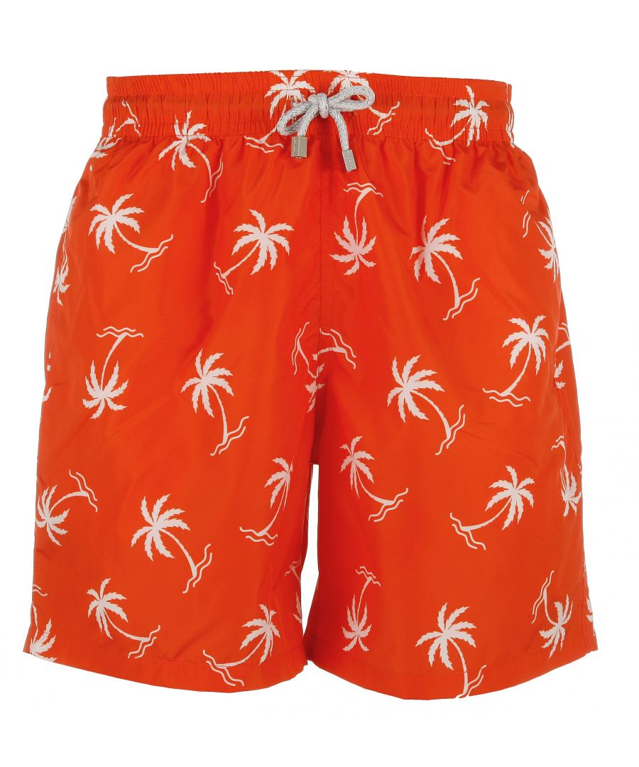 Orange Men's Swim Shorts with palm tree print pattern\nQuick dry fabric and soft lining\nElasticated waistband & drawstring\nTwo side pockets\nVelcro back pocket\nLeg Length 43cm