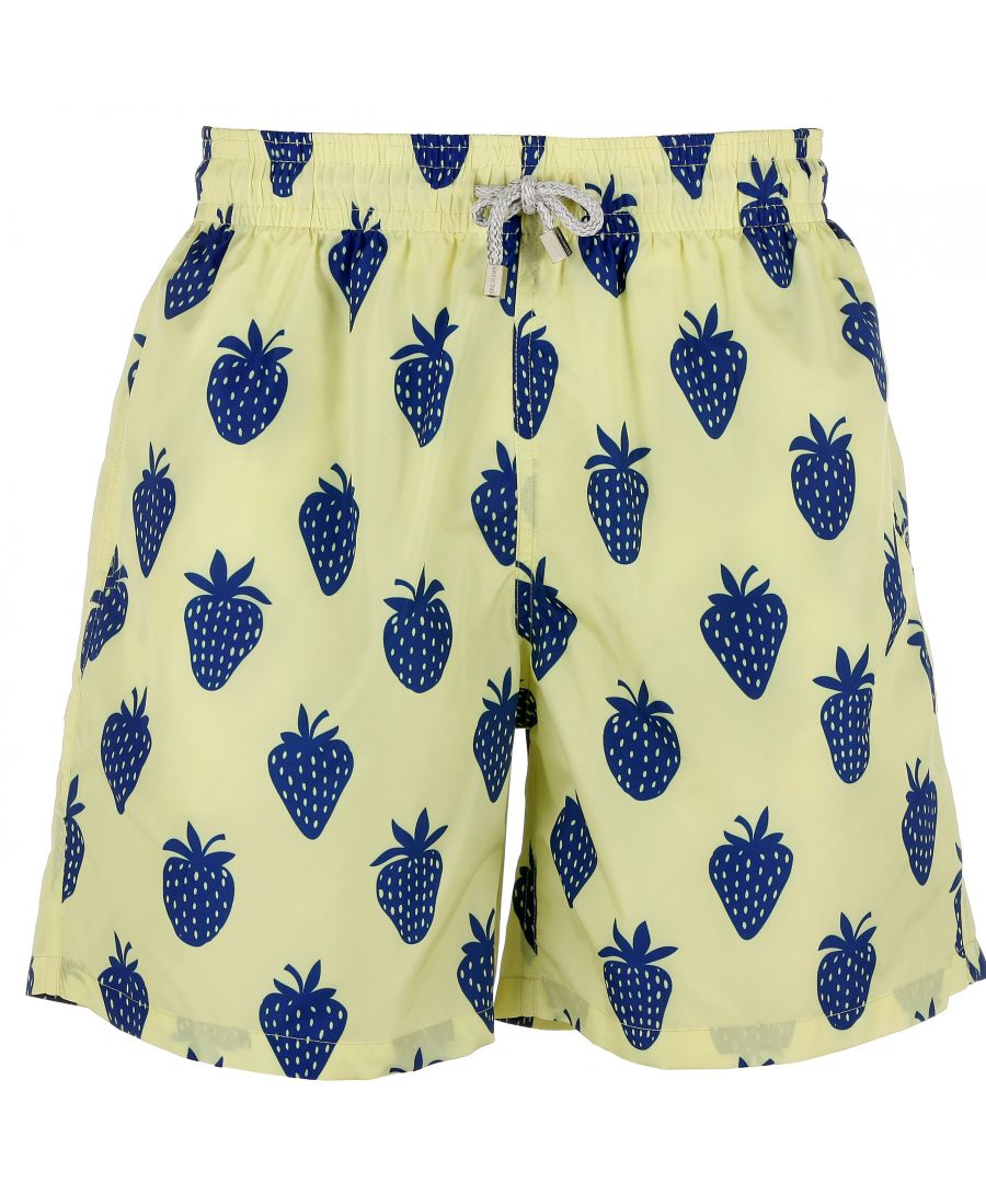 Yellow Men's Swim Shorts with strawberry print pattern\nQuick dry fabric and soft lining\nElasticated waistband & drawstring\nTwo side pockets\nVelcro back pocket\nLeg Length 43cm
