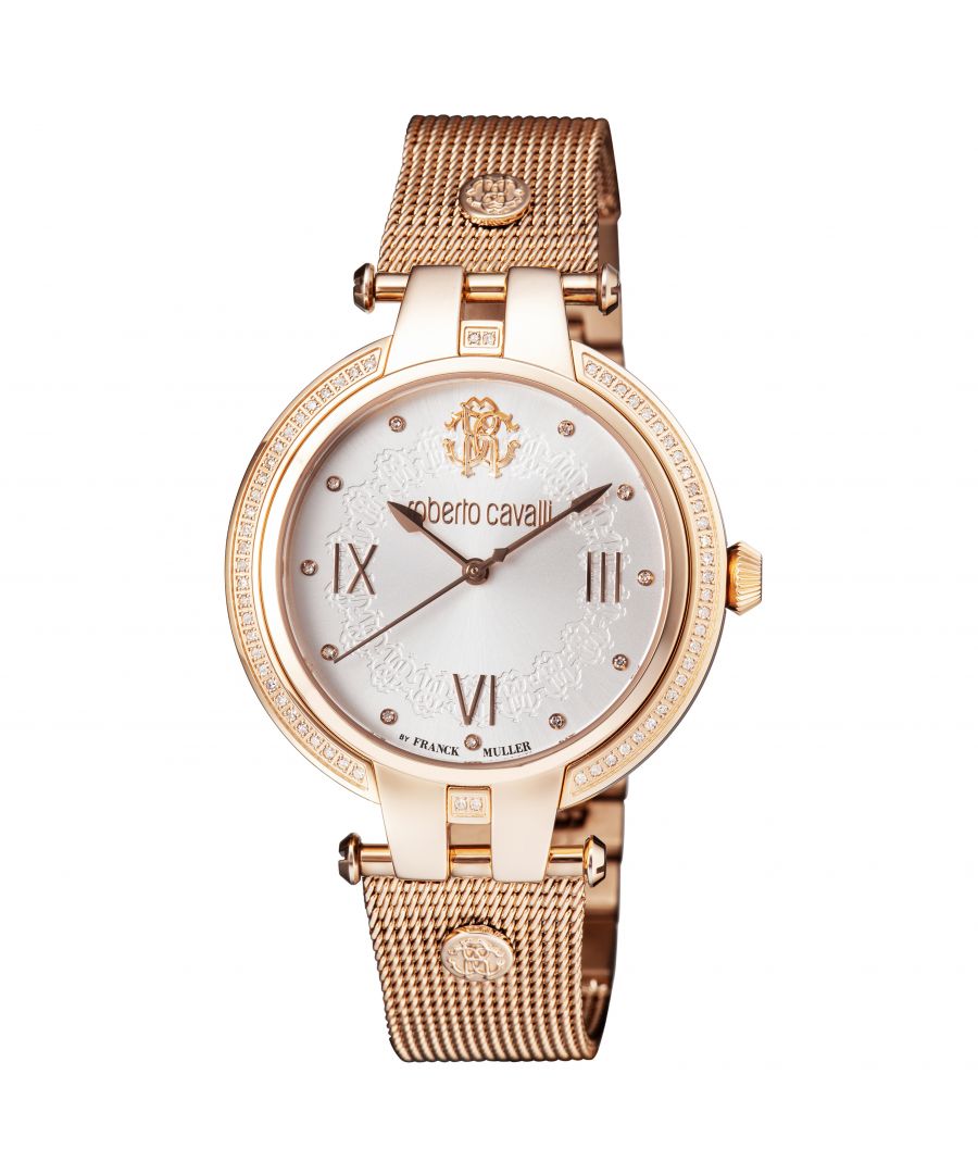 Romantic and irresistible, this breathtaking rosegold bracelet watch from Roberto Cavalli by Franck Muller is likely to impress. Seventy-three diamonds are embedded in the etched lace pattern, bezel and hour markers. A rosetone, woven mesh band features the signature RC logo.
