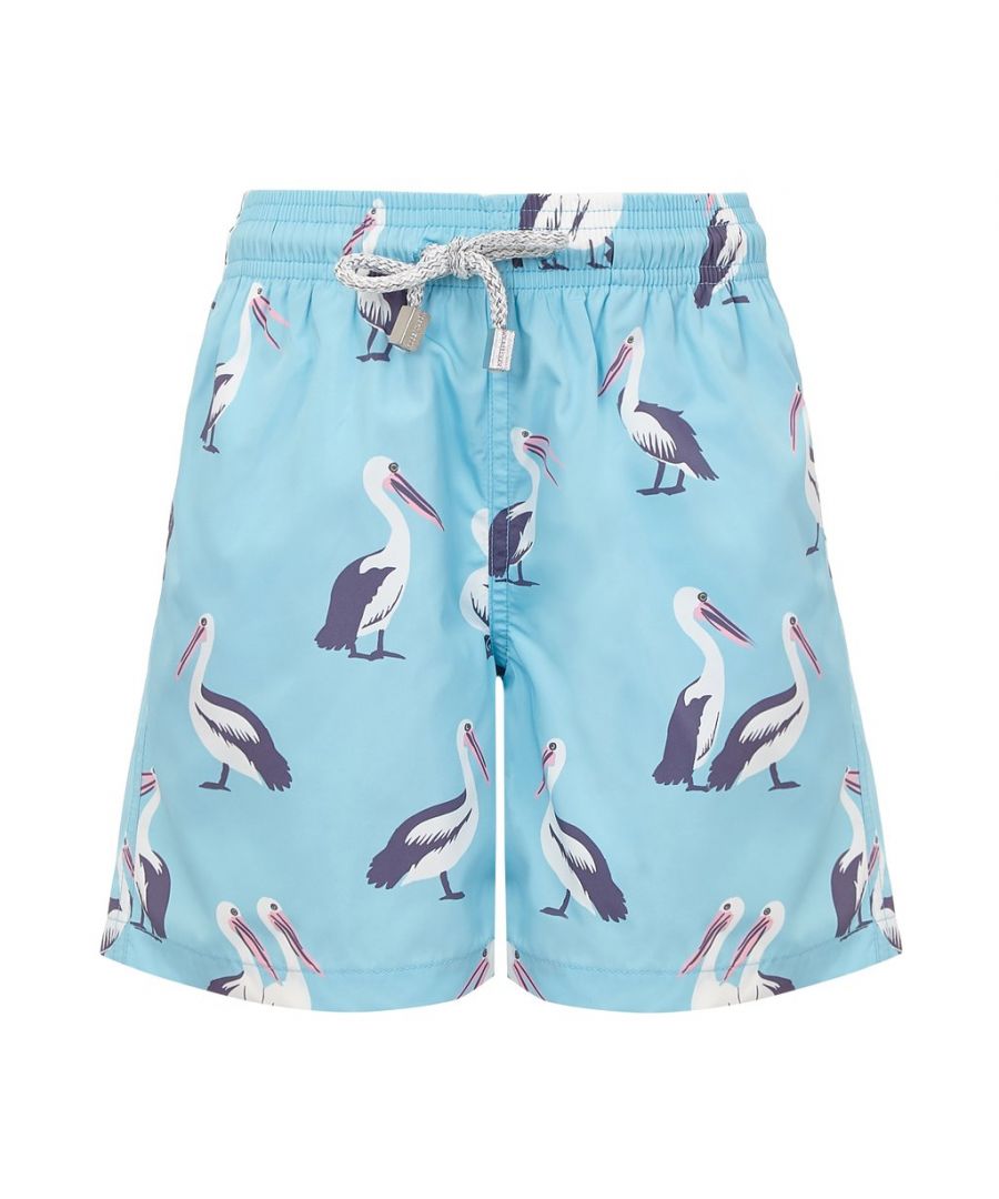 Light blue swim shorts with a pelican print pattern\nA quick dry fabric and soft lining\nFeatures elasticated waistband, two side pockets and a velcro back pocket\nInspired by our adventures in Florida.