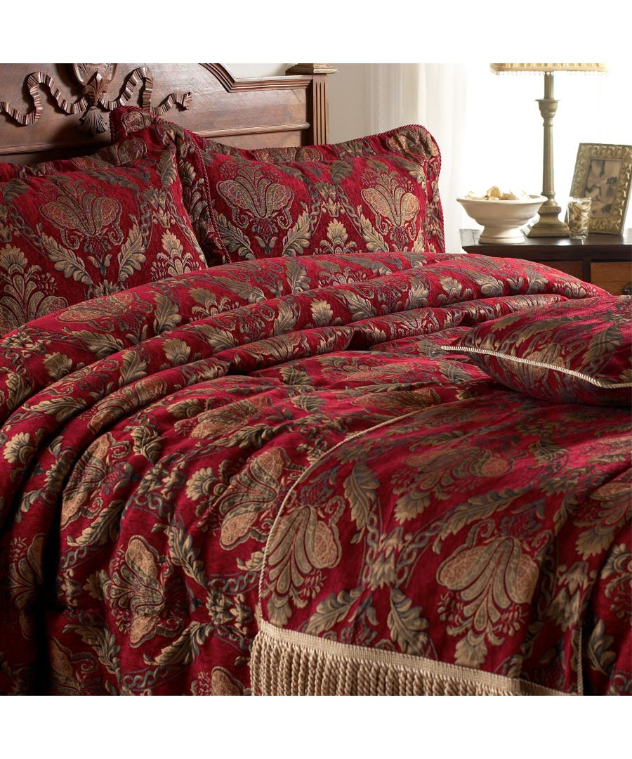 The Shiraz range is the height of opulence. Each piece has an embroidered damask pattern in delicate gold, presented on burgundy red, chenille-style fabric. Complete your bedspread with this gorgeous throw. The Shiraz throw is lined with gold fabric and features twisted fringing on either side. Specifically designed to match the Shiraz bedspread and pillow sham. This luxurious throw must be treated carefully and is only appropriate to dry clean.