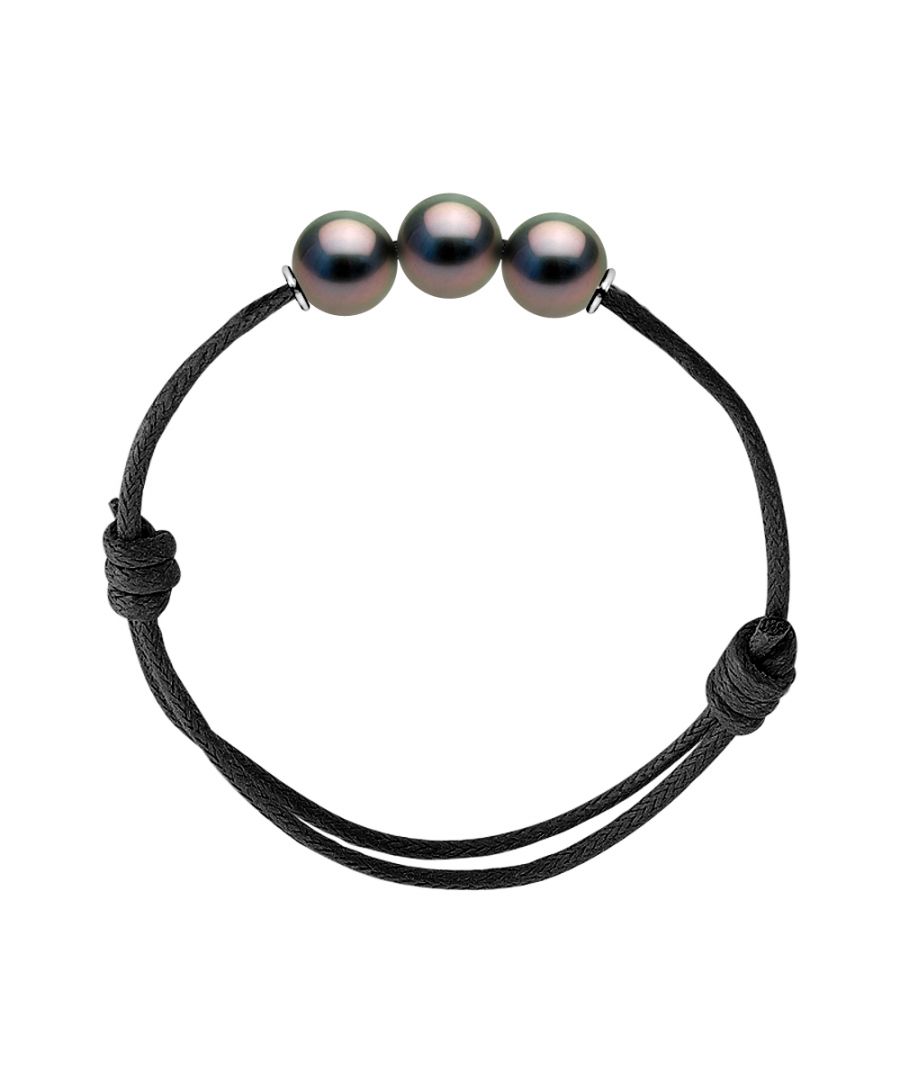 Bracelet Link - LUXE EDITION - BLACK Color - sliding knots -3 True Tahitian Cultured Pearl Round shaped 9-10 mm - Sleeves Sterling Silver 925 | HR® elasticated - High Resistance | Manufactured in our French Workshop | Delivered with our prestige box and a certificate of warranty & authenticity