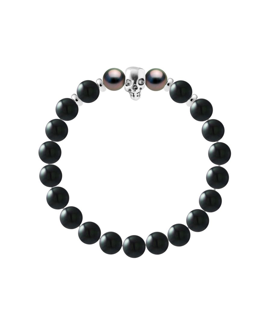 Bracelet - 2 True Tahitian Cultured Pearl Round shaped 8-9 mm - ONYX BLACK STUNNING - Skull Head Sterling Silver 925 Thousandths Ferrules | HR® elasticated - High Resistance | Manufactured in our French Workshop | Delivered with our prestige box and a certificate of warranty & authenticity