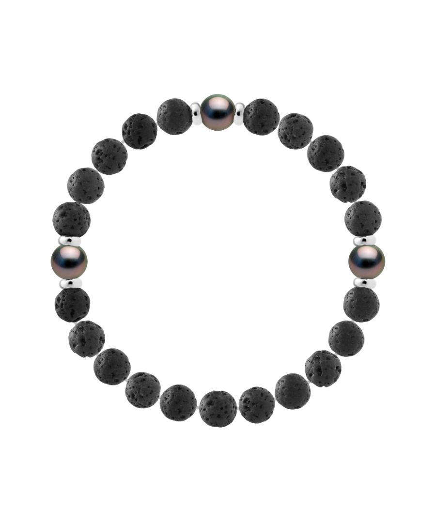 Bracelet - 3 True Tahitian Cultured Pearl Round shaped 8-9 mm - Natural Lava stone - Sterling Silver 925 Thousandths Ferrules | HR® elasticated - High Resistance | Manufactured in our French Workshop | Delivered with our prestige box and a certificate of warranty & authenticity