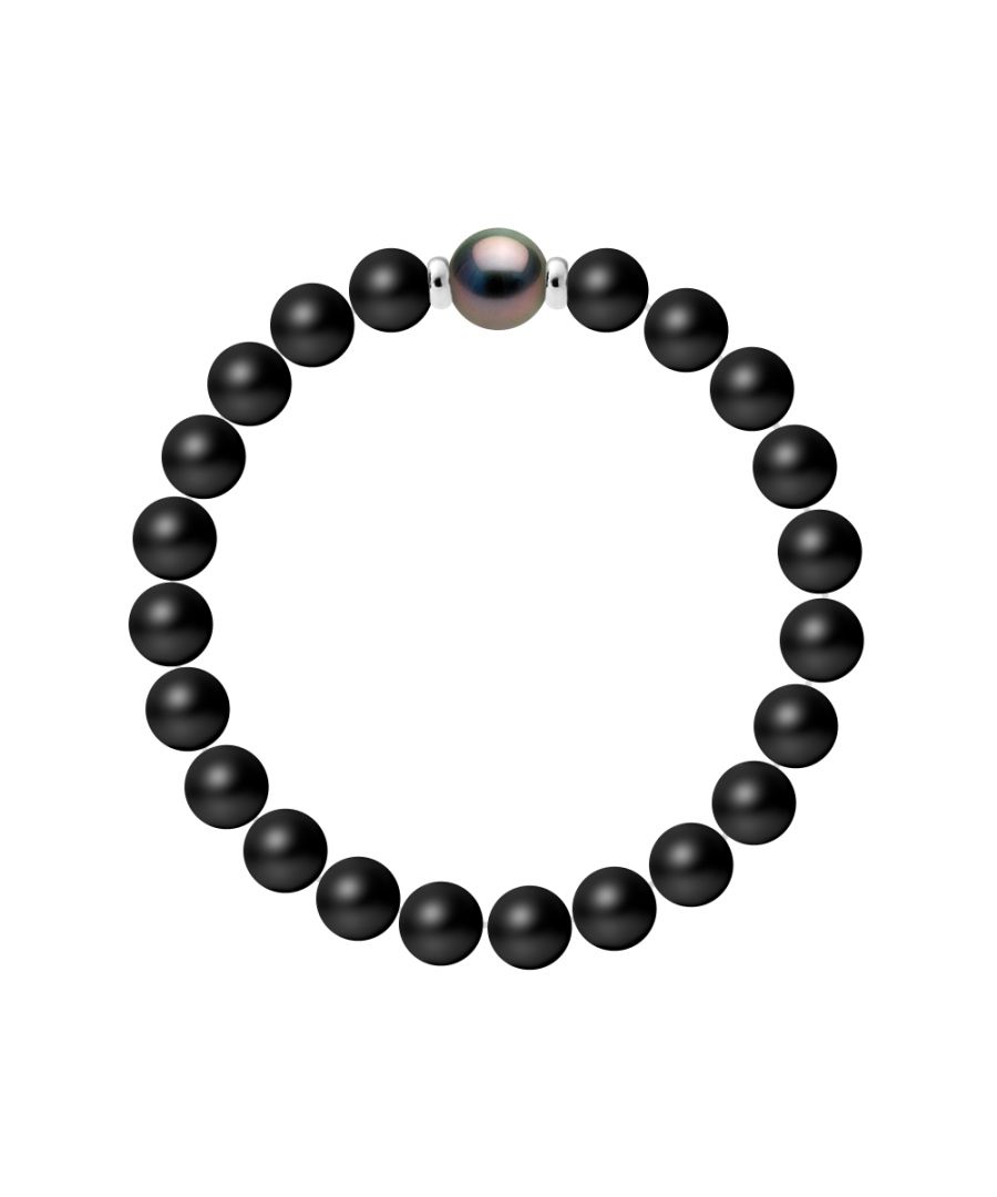 Bracelet - True Tahitian Cultured Pearl Round shaped 9-10 mm - MAT BLACK AGATE - Sterling Silver 925 Thousandths Ferrules | HR® elasticated - High Resistance | Manufactured in our French Workshop | Delivered with our prestige box and a certificate of warranty & authenticity