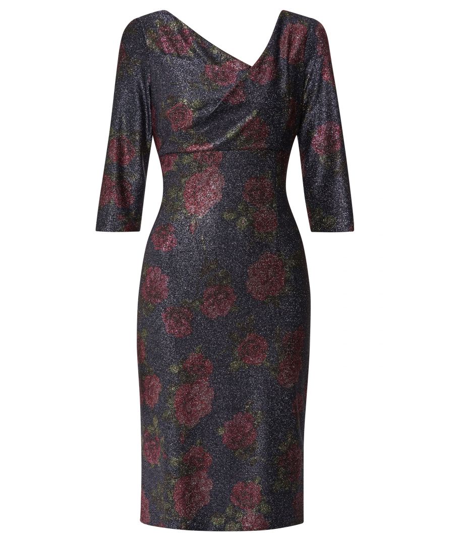 Image for Gina Bacconi Abriella Floral Metallic Print Dress in Navy