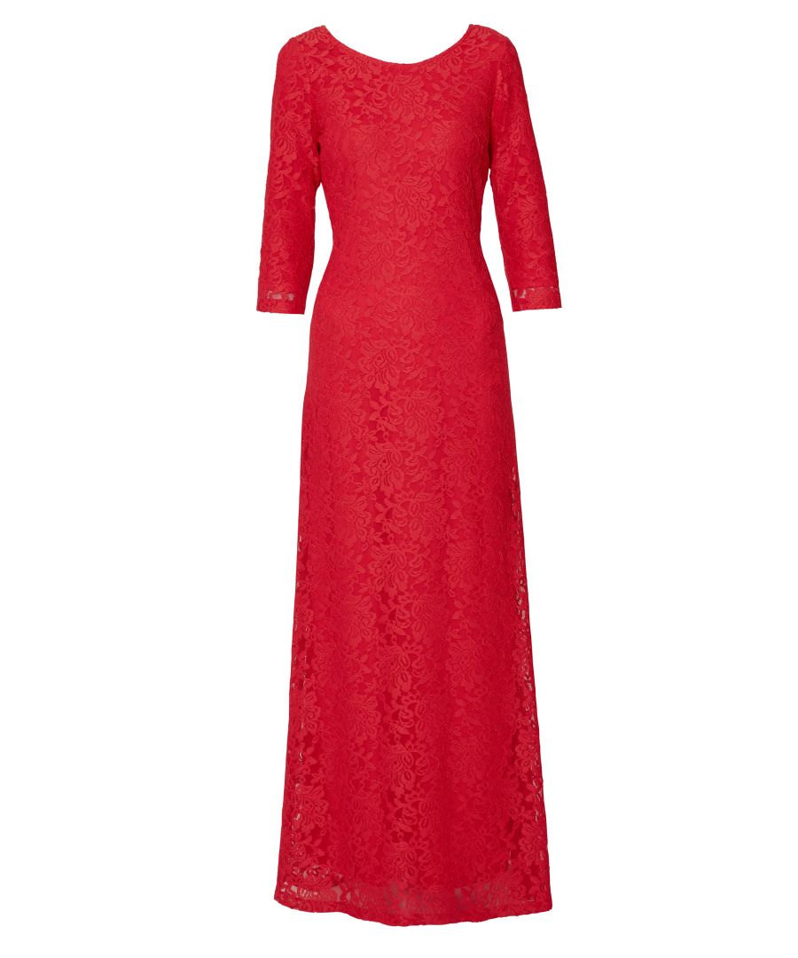 Add elegant allure to your wardrobe with this beautiful Gina Bacconi maxi dress. It is made of a sophisticated stretch lace. It is elegant and classy made with a round front neck, v shaped back neckline and 3/4 sleeves. Cut in a stretch lace, this dress is easy to wear and perfect for formal events.