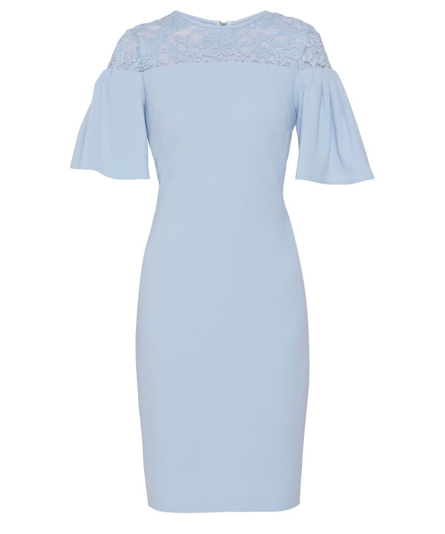 This elegant occasion wear dress by Gina Bacconi is perfect for a summer party or special occasion. The dress is constructed from a beautiful moss crepe and has a sheer lace yoke and flounced sleeves for an elegant touch. Lined for comfort, this piece fastens with a zip at the back of the dress.