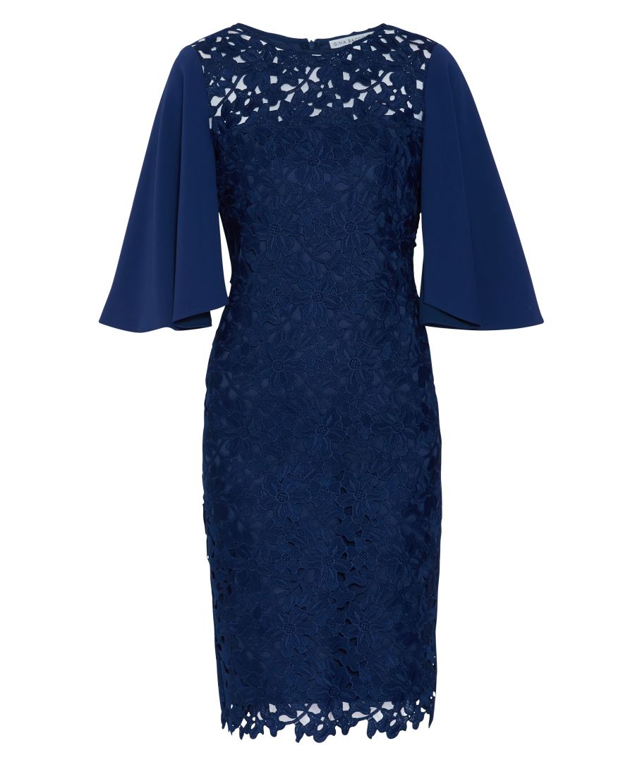 Image for Gina Bacconi Beth Guipure  Dress with Cape Sleeves in Navy