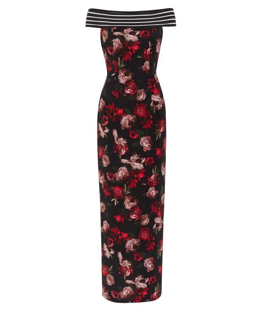 Look no further for that smart party outfit with this gorgeous maxi dress by Gina Bacconi. This dress is fashioned from a beautiful floral scuba. Fitted at the bodice, the dress features a modern off the shoulder stretch band. This is a staple for your wardrobe this season: elegant, comfortable and versatile.
