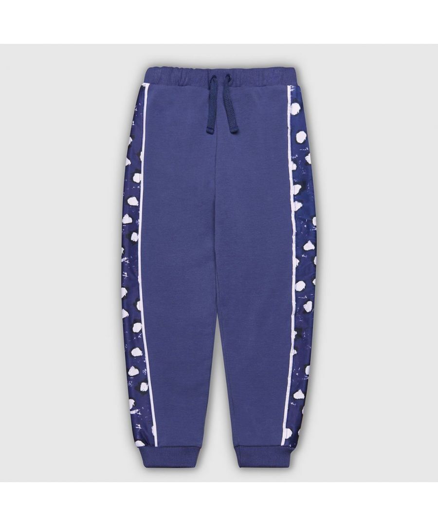 Relaxed fit joggers with drawstring waistband and ribbed bottoms in cobalt blue featuring side panels in our all over painted dot print . Made from the most soft cotton fleece with back pocket detail. 