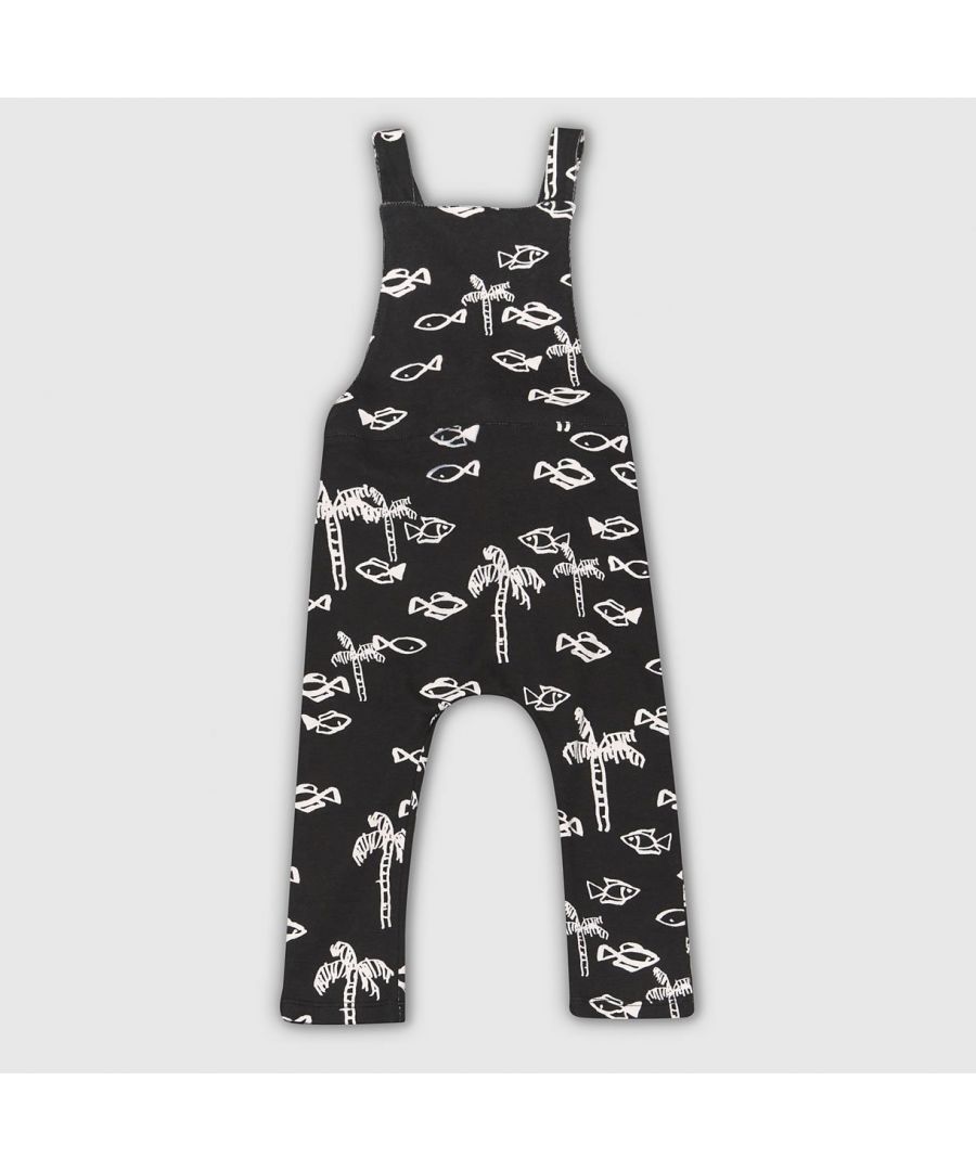 Simple super soft cotton dungarees in our bespoke painted fish print in black and white. Features a single button adjustable back closure. Designed to be unisex. 