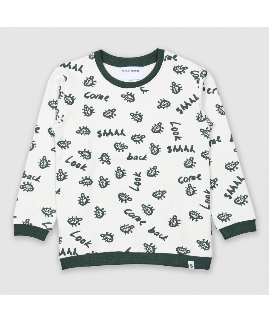 Classic grey crew neck sweatshirt in our painted bug print made from super soft cotton. Finished with ribbed trims at neck, cuff and hem in bottle green. 