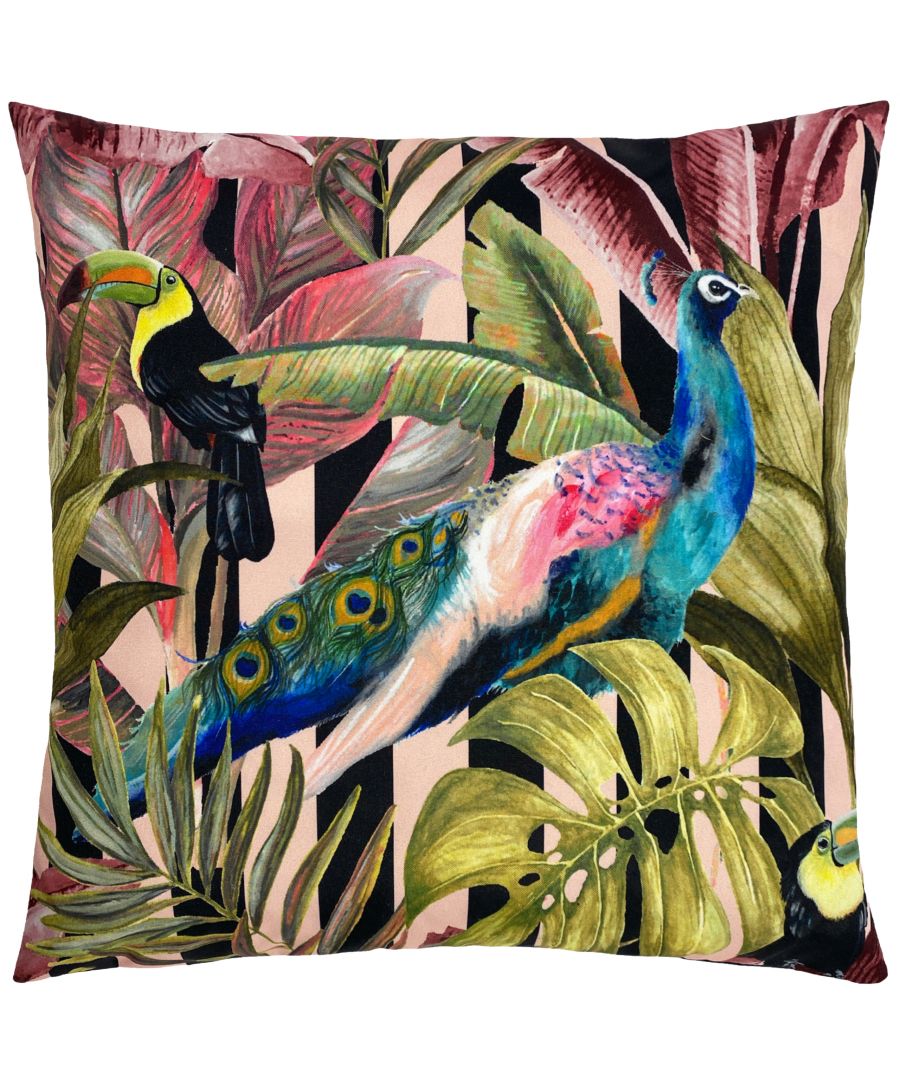 Add drama to your garden with a striking jungle themed cushion. This cushion captures a Toucan and Peacock on a backdrop of tropical leaves and flowers in their bright and natural colours, which makes it a beautiful addition to any home.