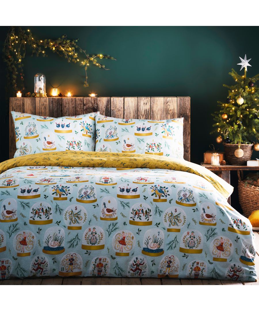 In celebration of the traditional Christmas song, our 12 days of Christmas bedding is a festive feast for the eyes, depicting each of the gifts within a ornate snow globe, for a magical touch. The reverse design features festive sprays of pine and holly, and a dusting of snow.