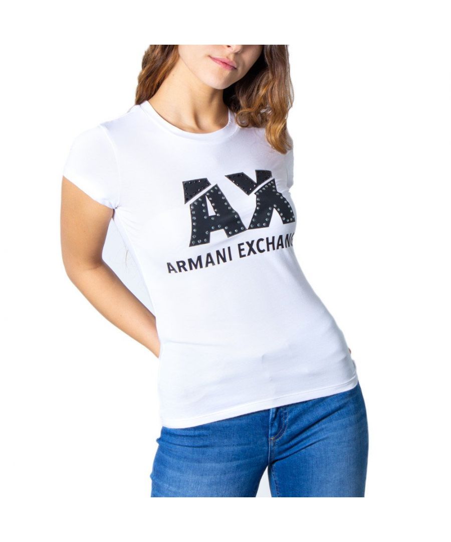 Brand: Armani Exchange   Gender: Women   Type: T-shirts   Color: White   Pattern: Print   Neckline: Round Neck   Sleeves: Short Sleeve   Fastening: Slip On   Season: Spring/summer  -92% cotton -8% elastane •