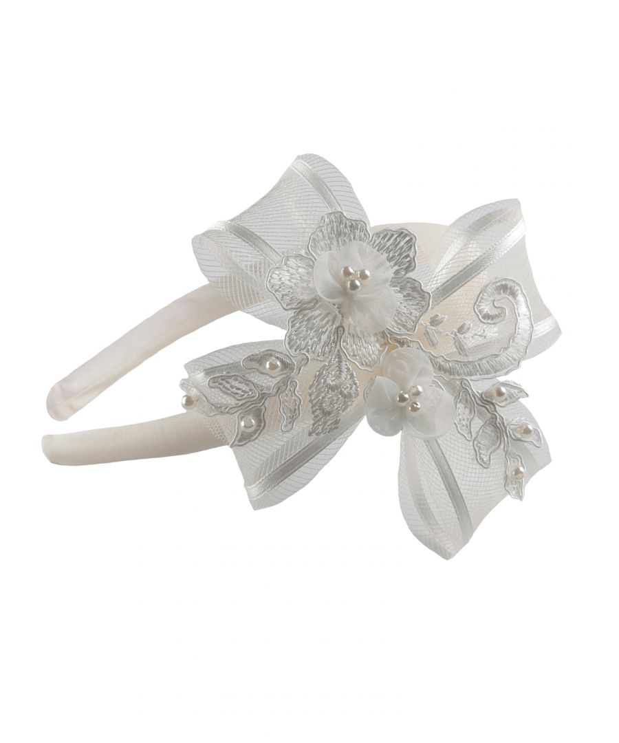 Lana Alice Band in Antique White. A satin covered Alice band with a 4 way bow made from milliners net and satin ribbon. Guipure lace overlay to match our dress range and topped with pearl centred small organza daisies\nThis headband compliments all of our Heritage baby girls christening dresses.