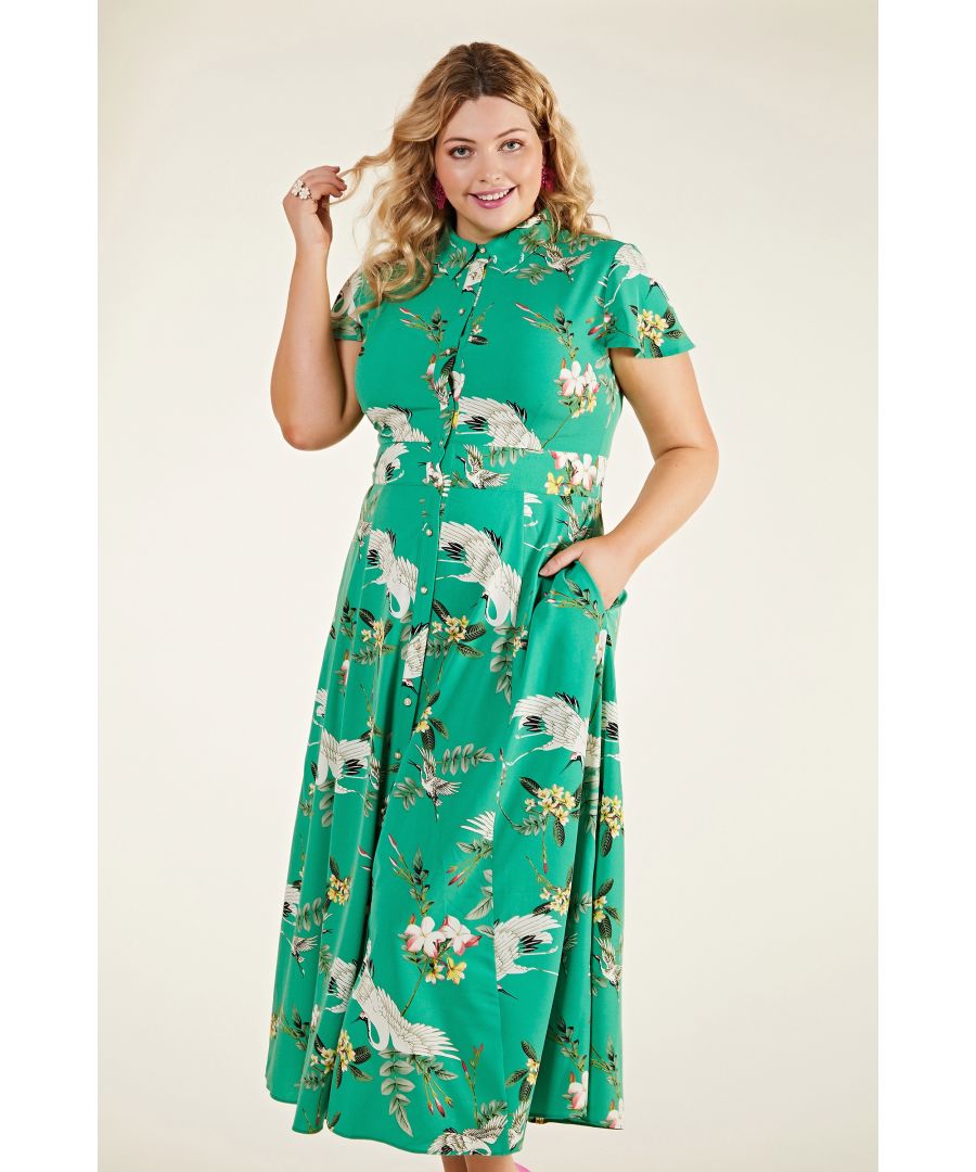 Yumi Curve Blue Crane Print Maxi Dress