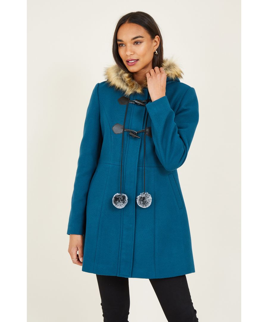 Image for Yumi Teal Duffle Coat With Fur Trim And Pom-Pom