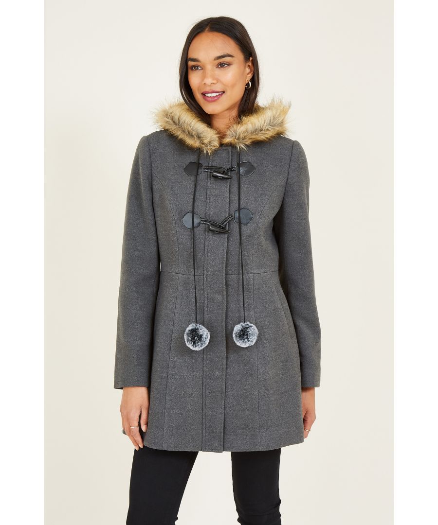 Image for Yumi Grey Duffle Coat With Fur Trim And Pom-Pom