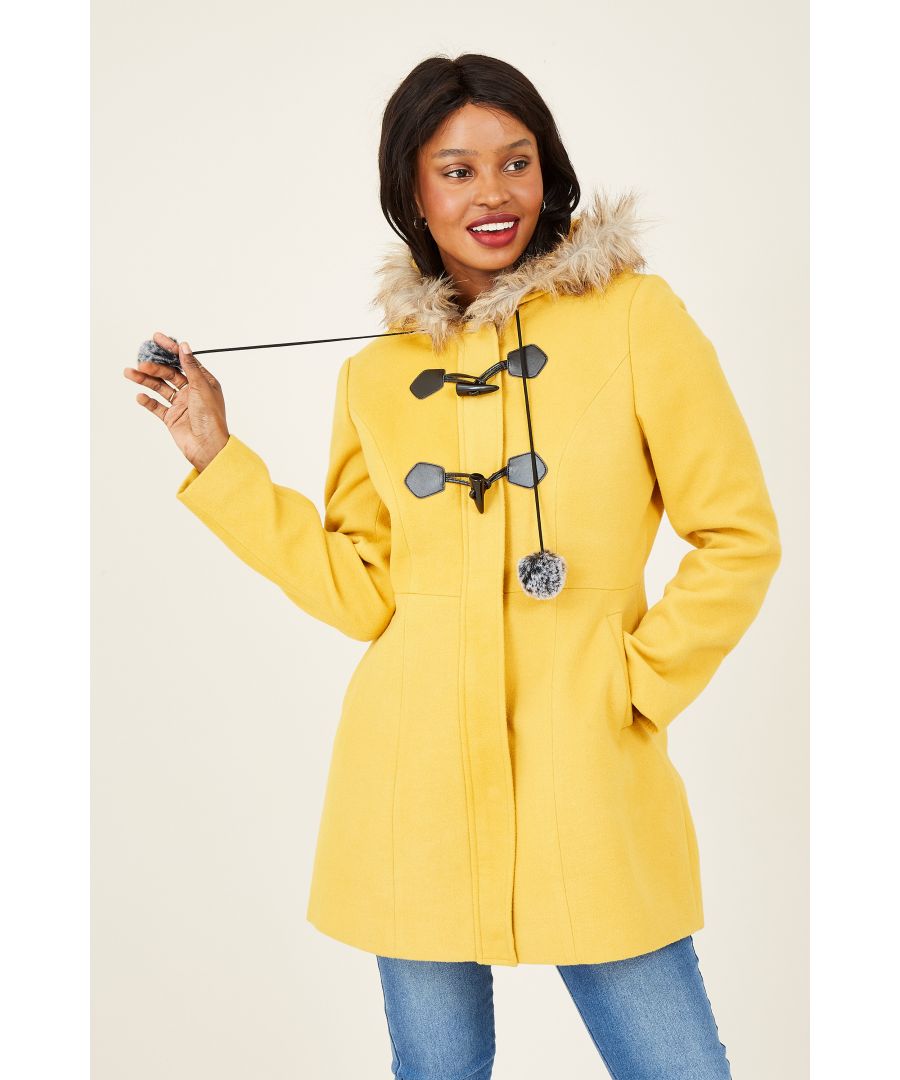 Image for Yumi Mustard Duffle Coat With Fur Trim And Pom-Pom