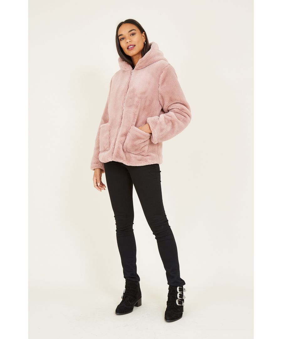 Image for Yumi Blush Zip Faux Fur Coat With Hood
