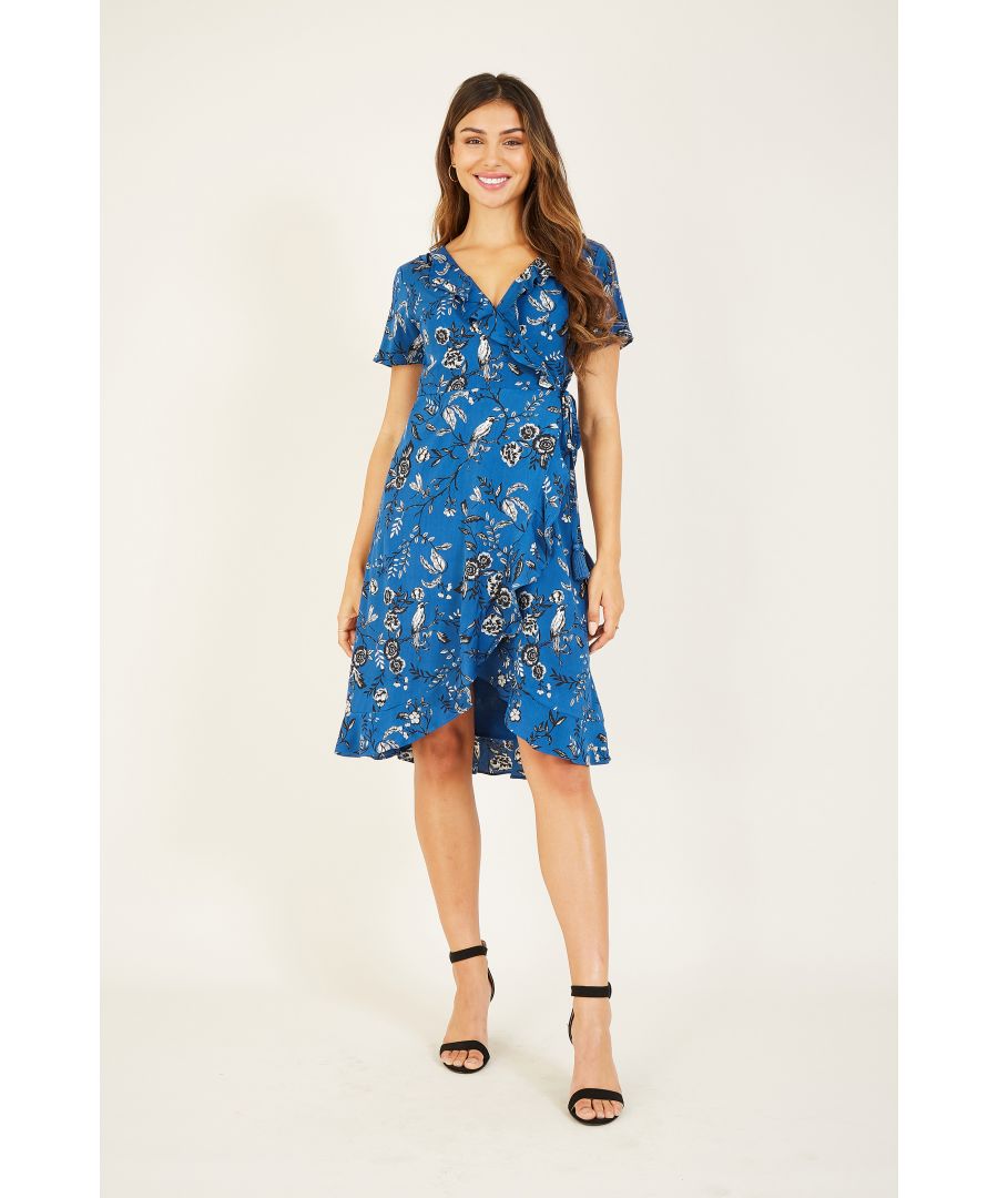Image for Yumi Blue Bird Print Wrap Frill Dress
