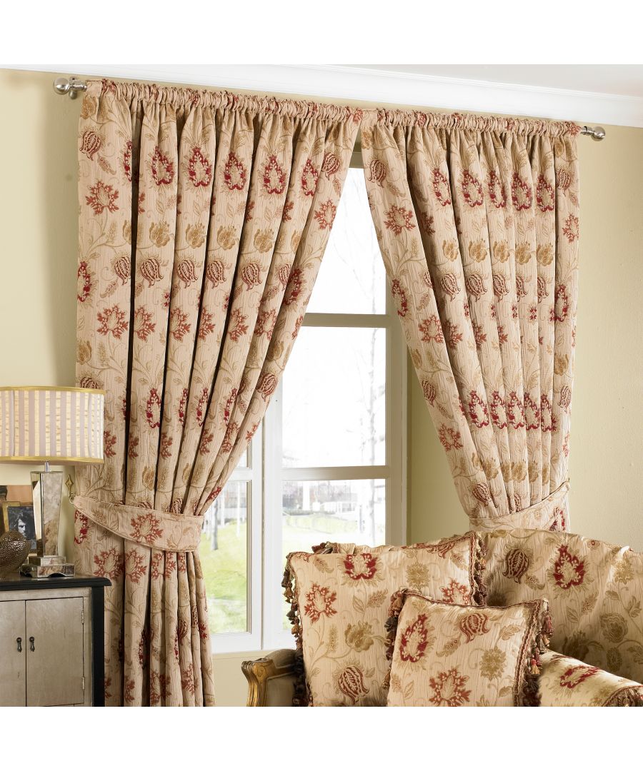 The Zurich pencil pleat curtains boast a beautifully detailed floral jacquard pattern in a range of rich colours which embodies the luxuriant style that is synonymous with traditional English interiors. Complete with fully matching tiebacks and an adjustable header. These heavyweight curtains are fully lined for decreased light penetration and heat loss. Made to match the Zurich cushions, throws and draught excluders.