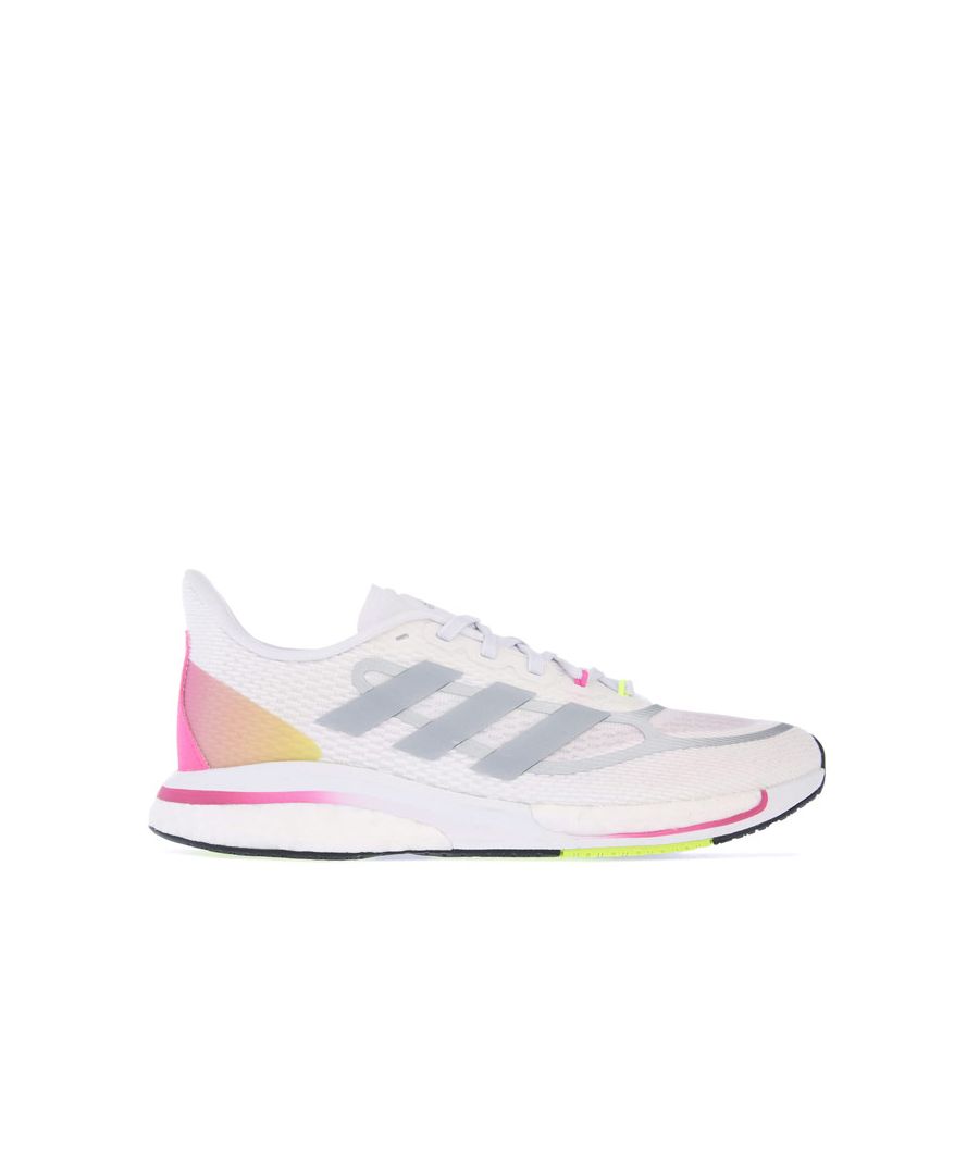 Womens adidas Supernova + Running Shoes in white silver.- Mesh upper.- Lace closure.- Regular fit.- Seamless stretchy feel.- Reflective elements.- Linear and lateral support.- Boost and Bounce midsole.- Rubber outsole.- Textile upper  Textile lining  Synthetic sole.- Ref: FX6700
